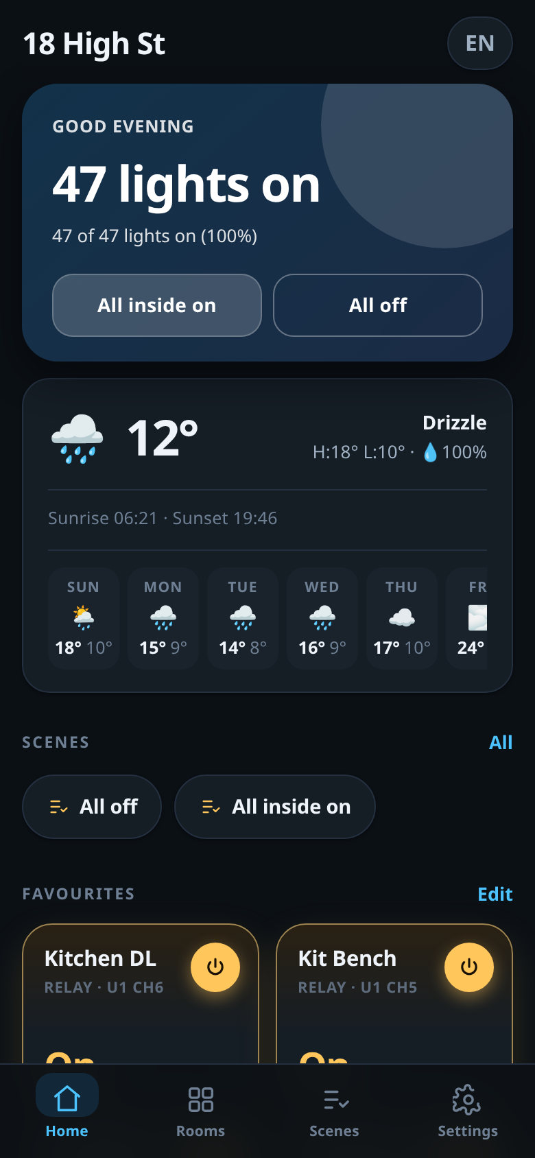 WIS Living C-Bus app on a phone showing whole-house lighting