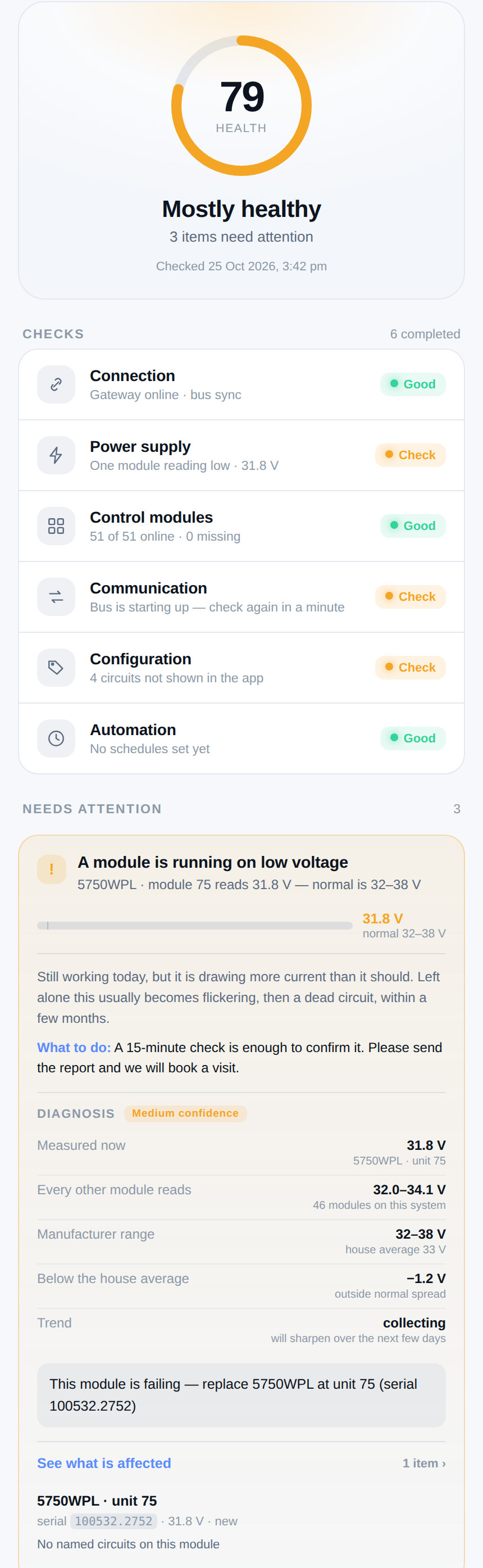 System check showing device status in the WIS Living app